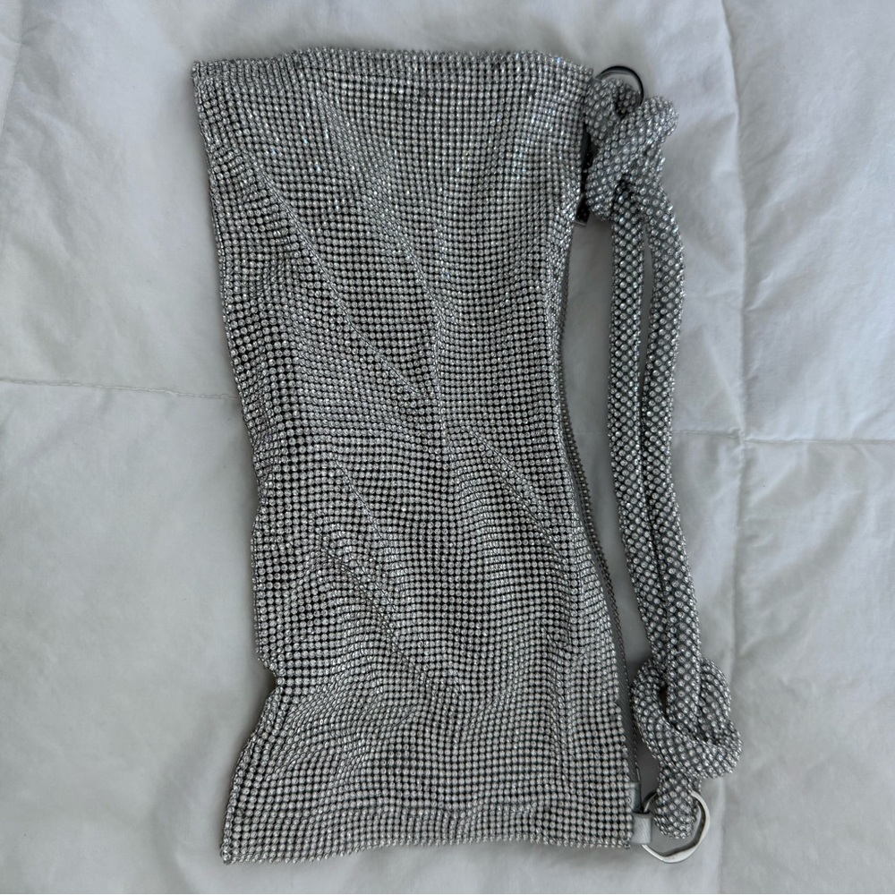 Cult Gaia Silver Crystal Mesh Shoulder Bag